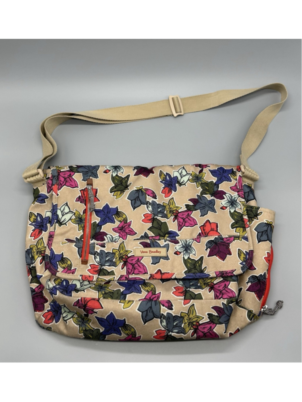 Vera Bradley Laptop Messenger Bag Falling Flowers Neutral Floral Crossbody Flap